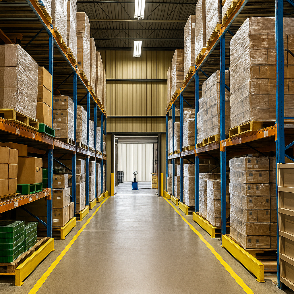 USA Hospitality warehouse aisles with stocked pallets and picking zones